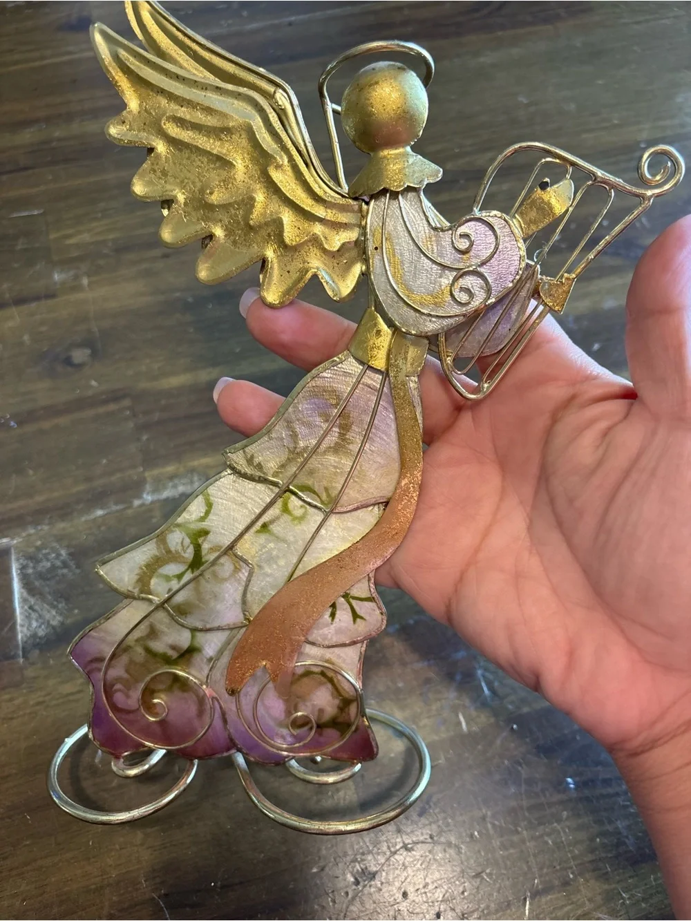 Vintage Holiday Capiz Shell Angel Gold Set 2 Harp Christmas Iridescent Whimsy